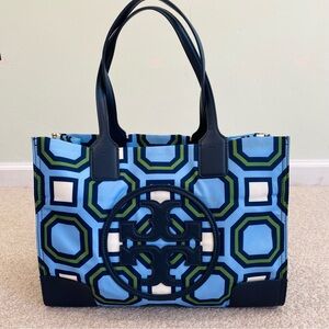 Navy blue green and white nylon tote